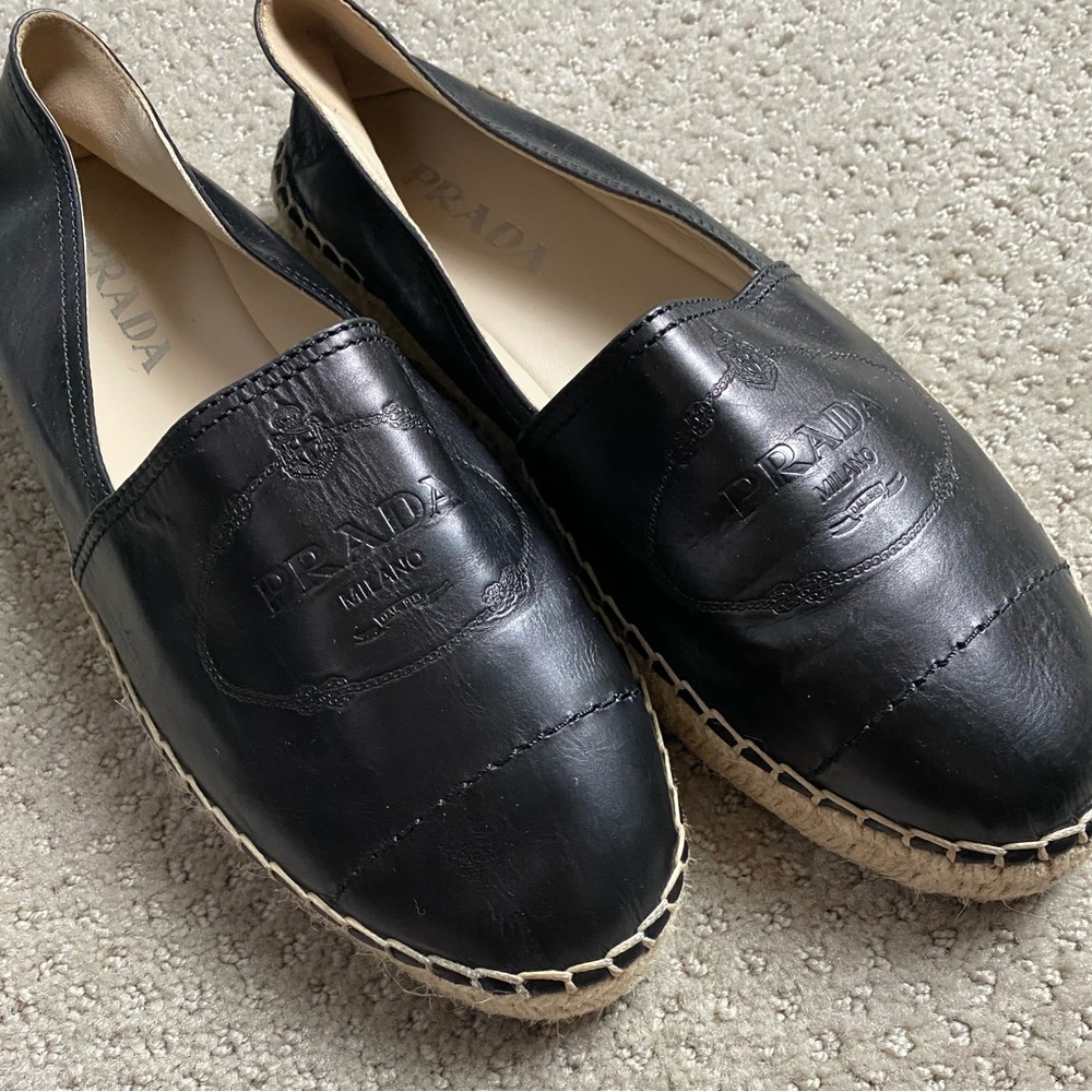 Prada Embossed Black Leather Espadrilles 40